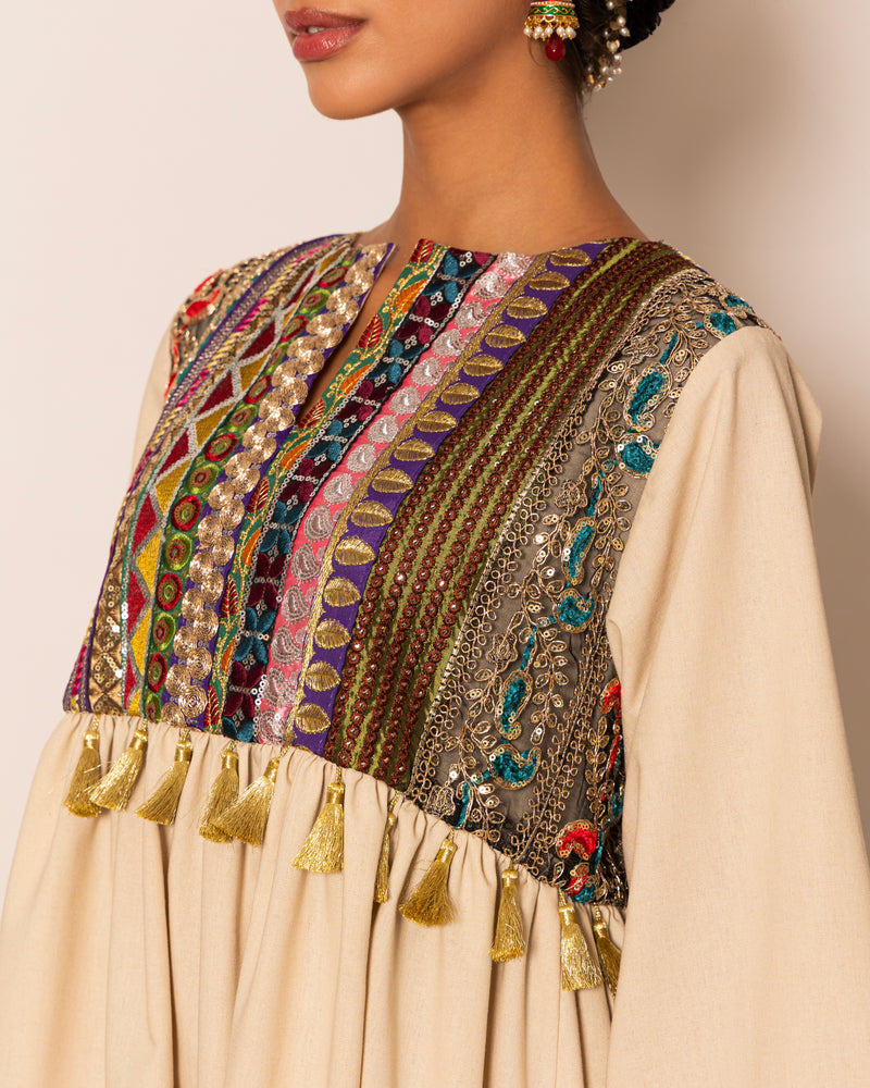 Embellished top kaftan in linen with empire cut and gatherings