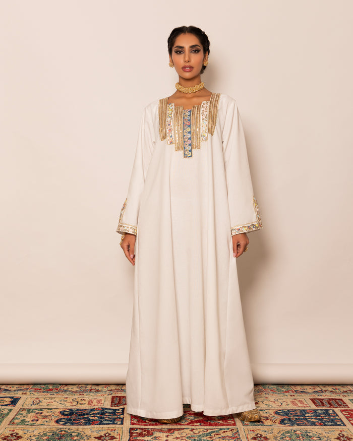 Linen kaftan with unsymmetrical embellished trimmed neckline