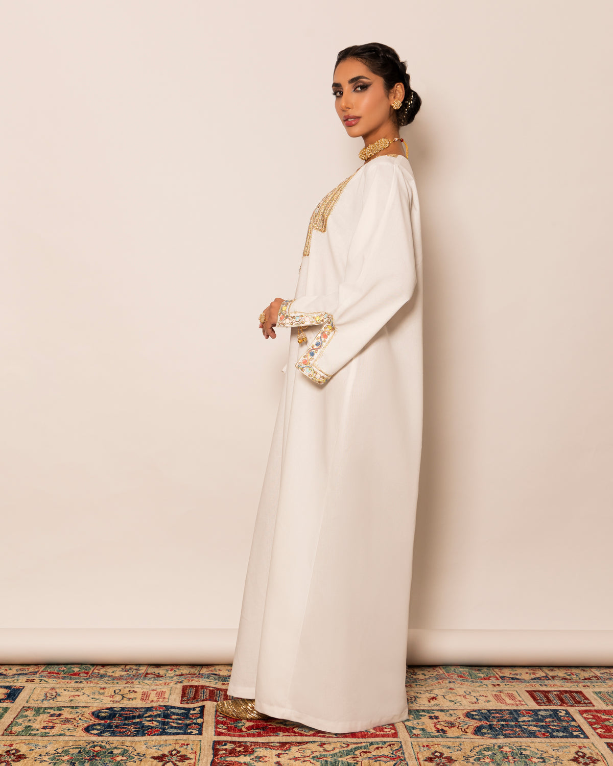 Linen kaftan with unsymmetrical embellished trimmed neckline