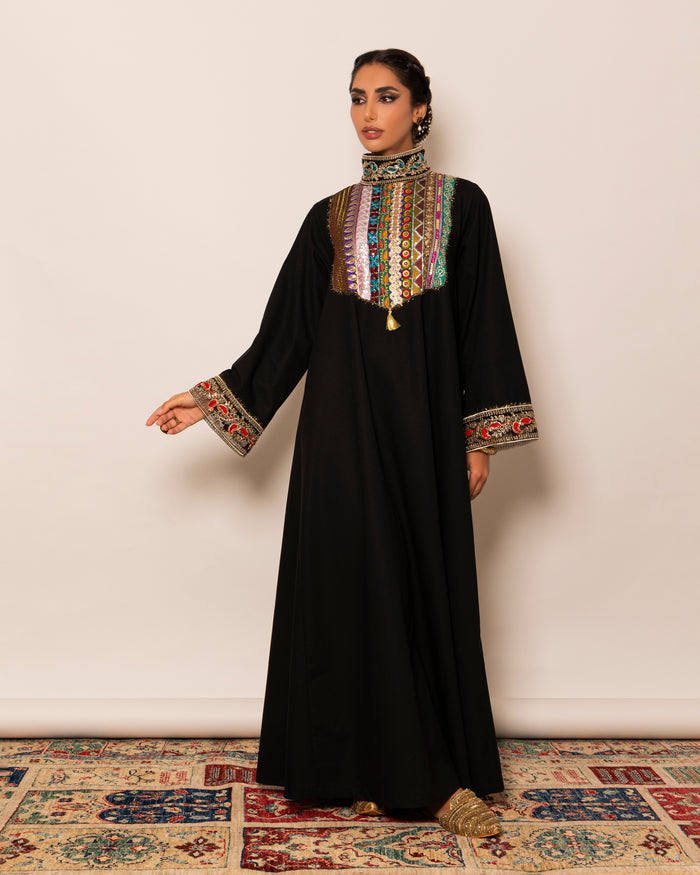 High neck embellished trim linen kaftan