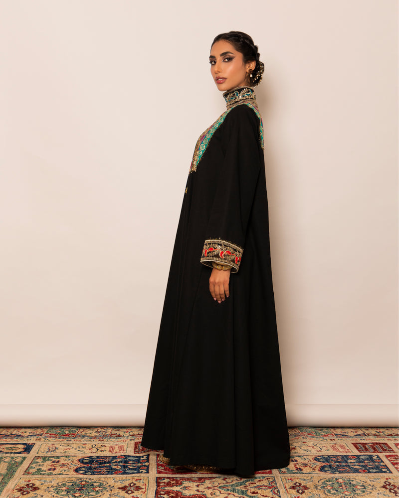 High neck embellished trim linen kaftan