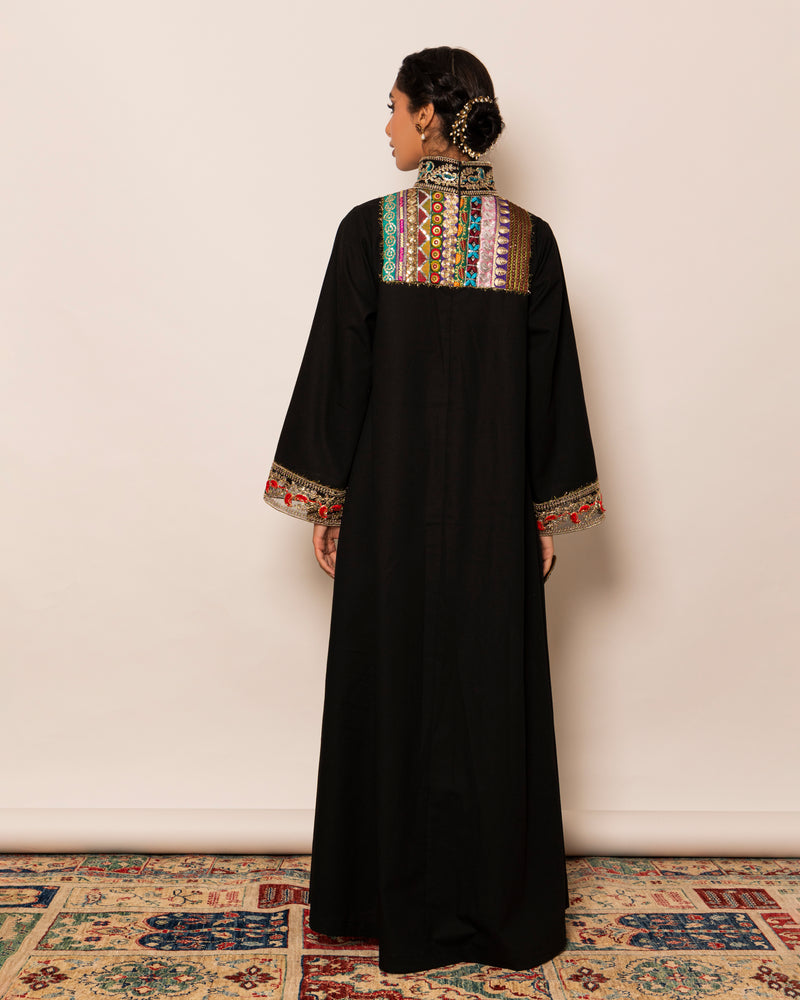 High neck embellished trim linen kaftan