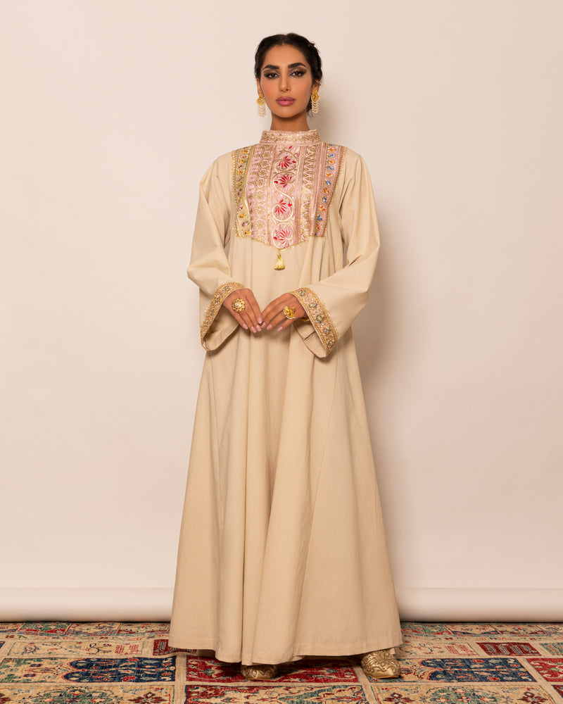 High neck embellished trim linen kaftan