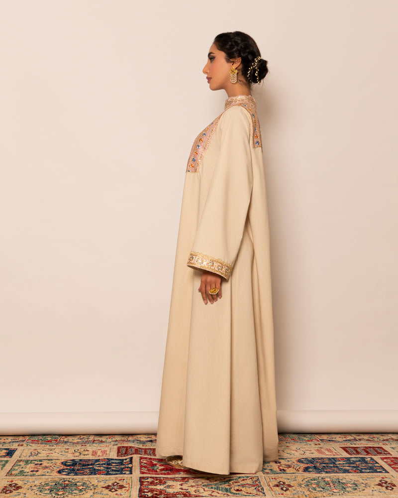 High neck embellished trim linen kaftan