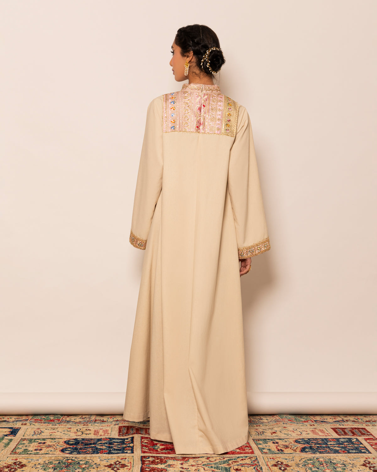 High neck embellished trim linen kaftan