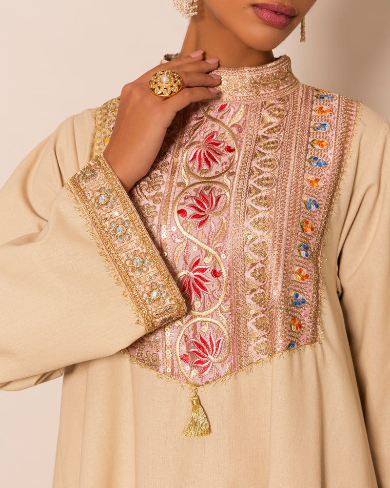 High neck embellished trim linen kaftan