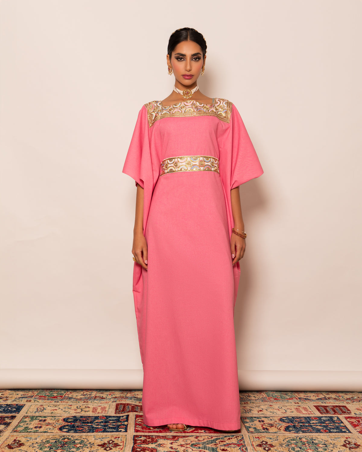 Boat neck linen kaftan with embellished trimmed neckline with inner belt