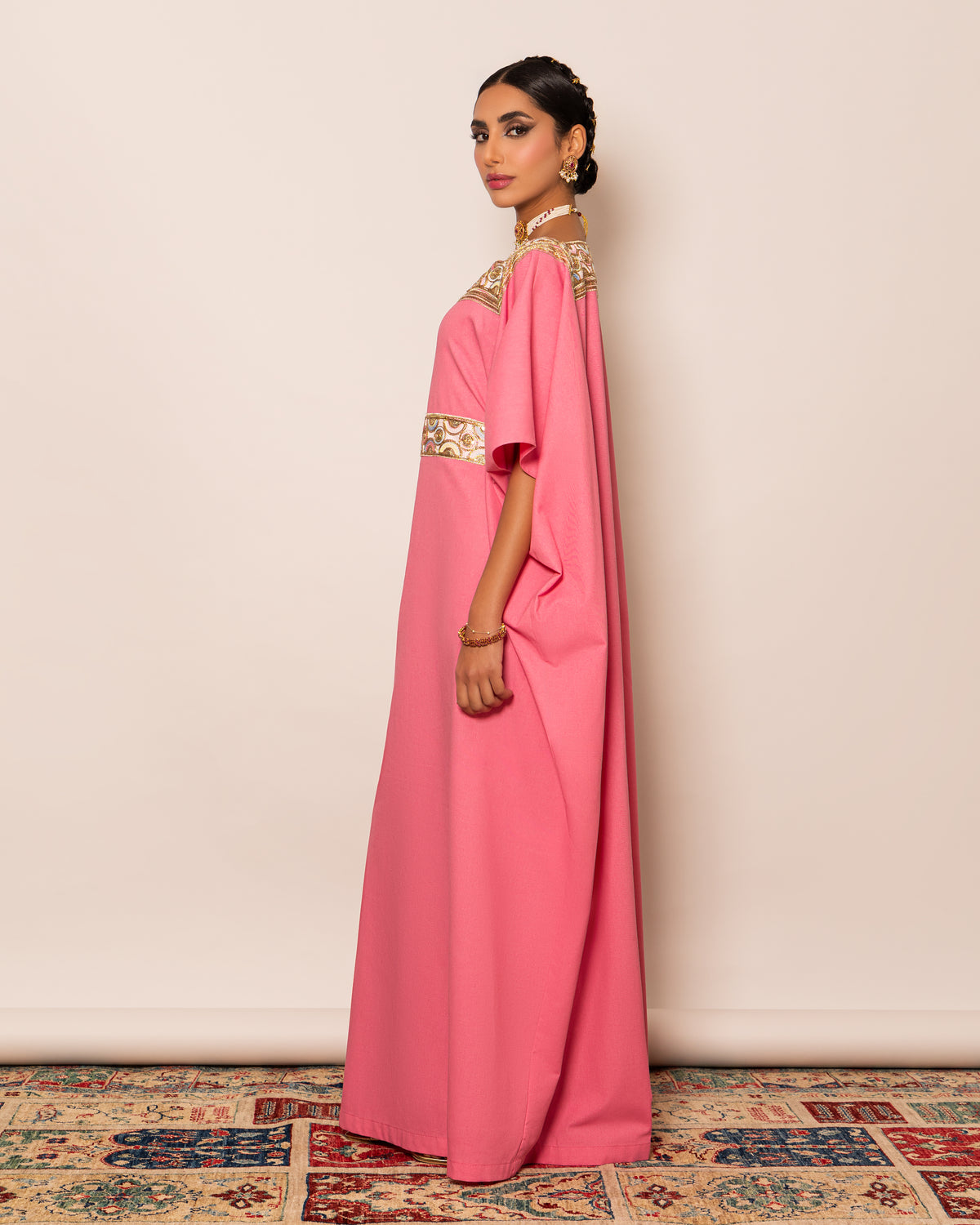 Boat neck linen kaftan with embellished trimmed neckline with inner belt