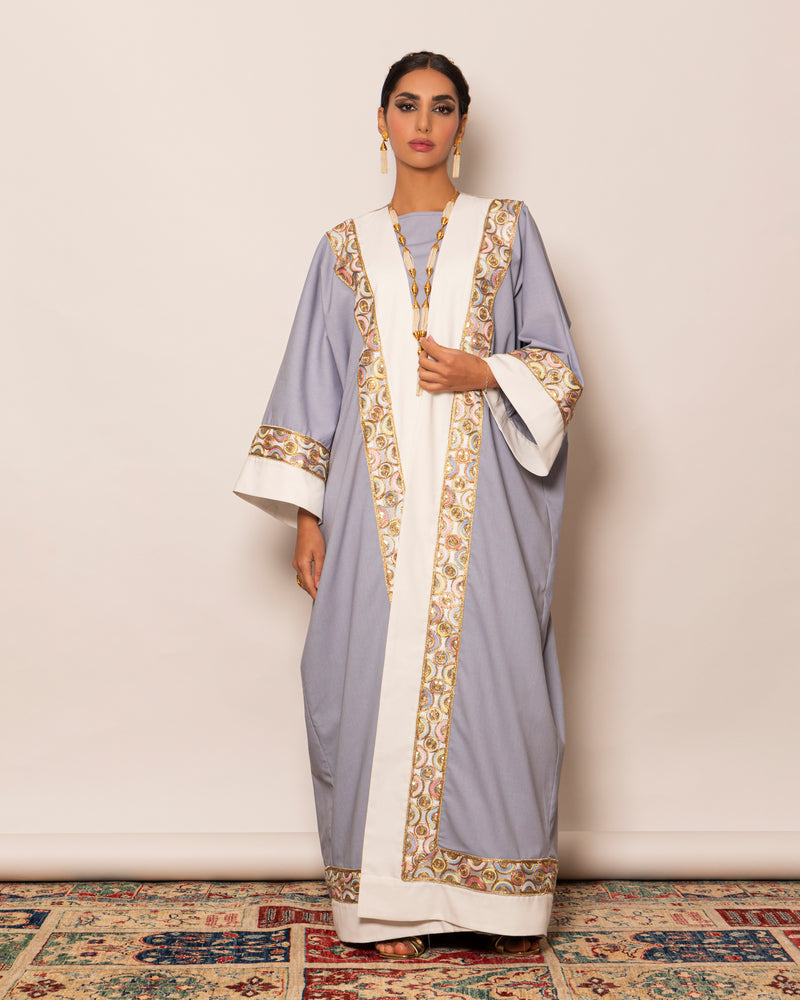 Two-toned classic linen abaya outlined with embellished trimming