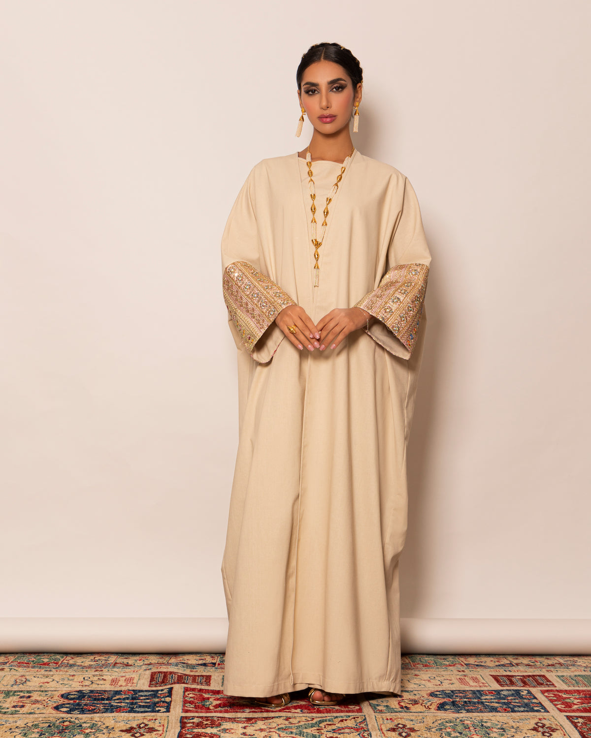 Classic abaya with wide embellished trim sleeves