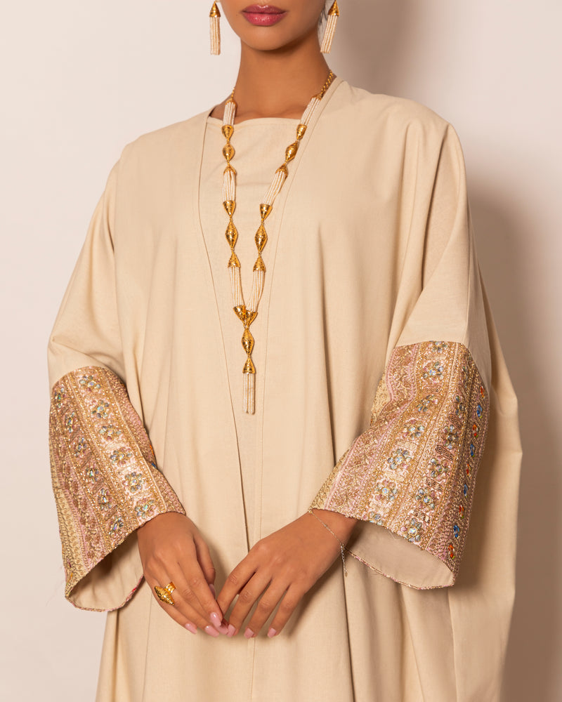 Classic abaya with wide embellished trim sleeves