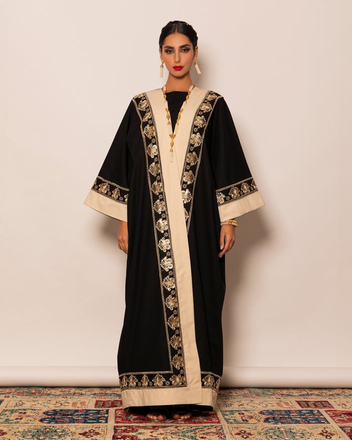 Two-toned classic linen abaya outlined with embellished trimming