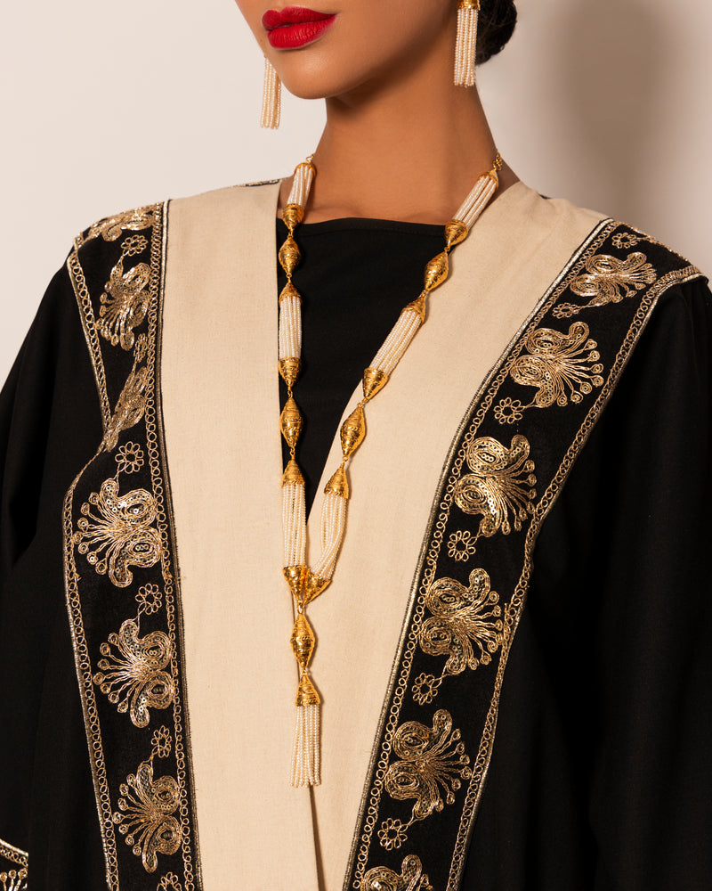 Two-toned classic linen abaya outlined with embellished trimming