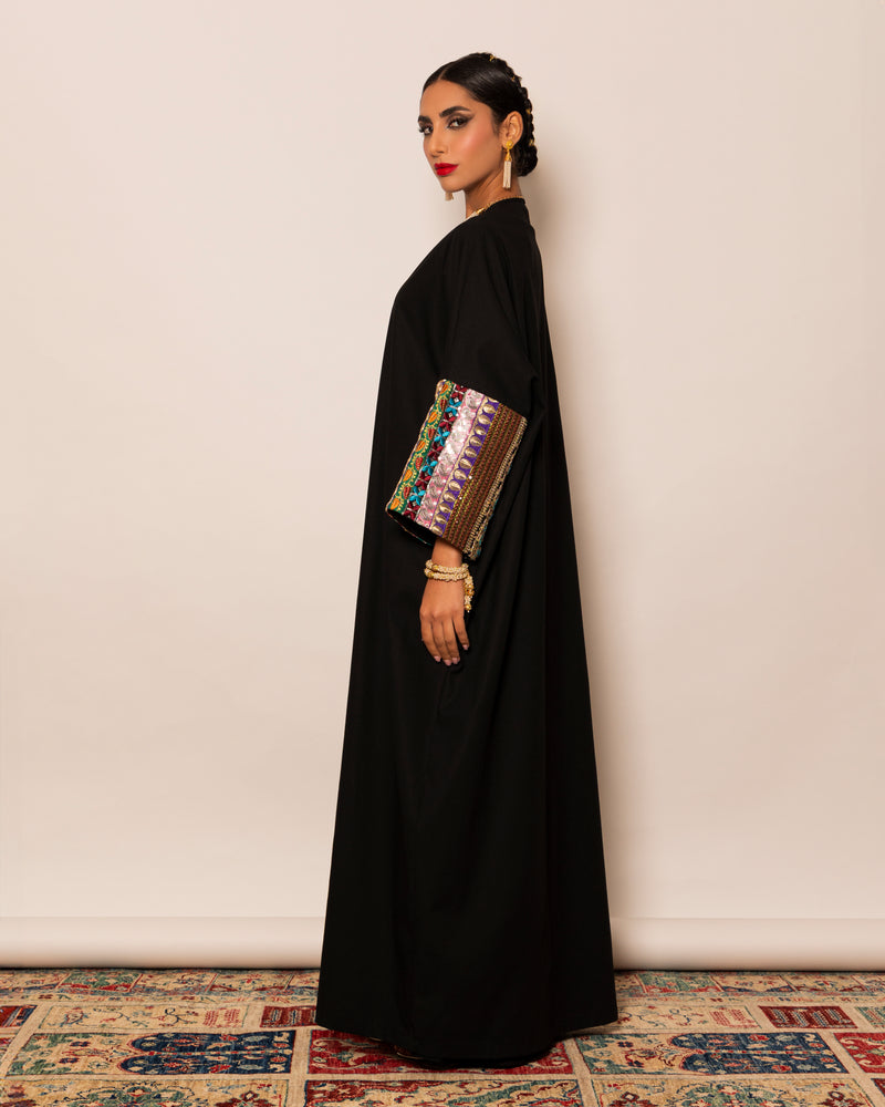 Classic abaya with wide embellished trim sleeves