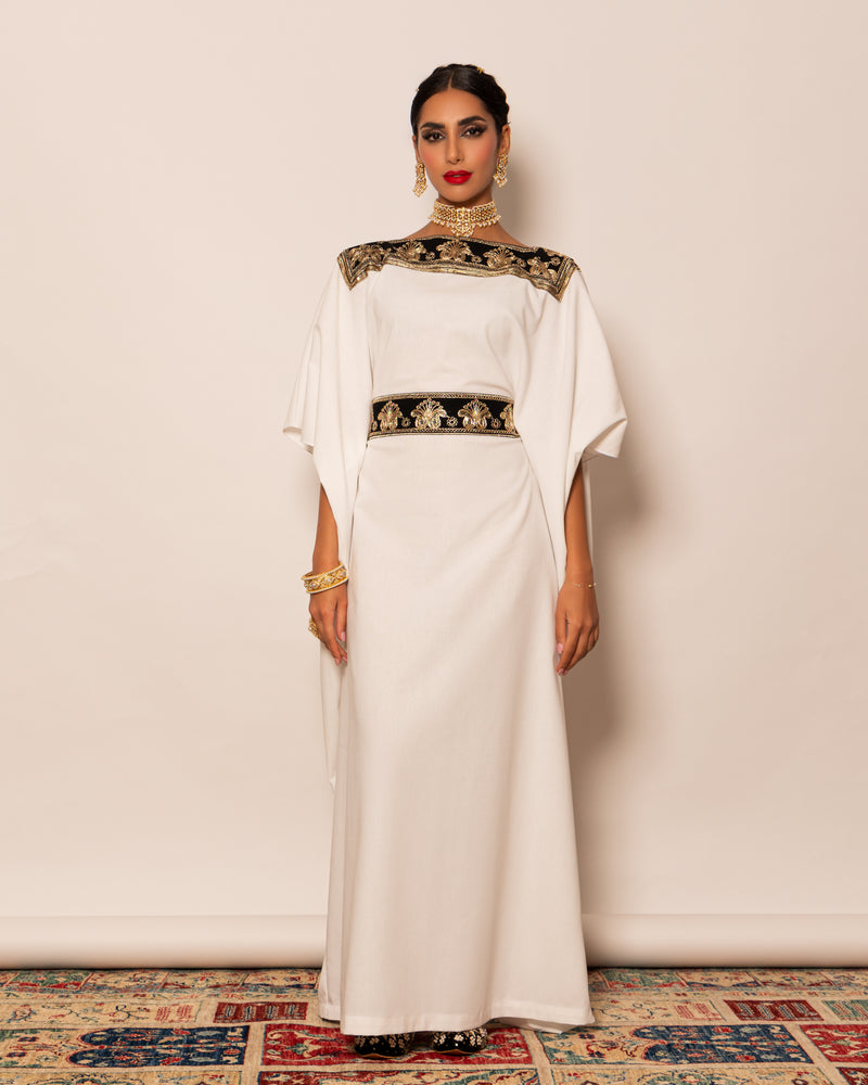 Boat neck linen kaftan with embellished trimmed neckline with inner belt