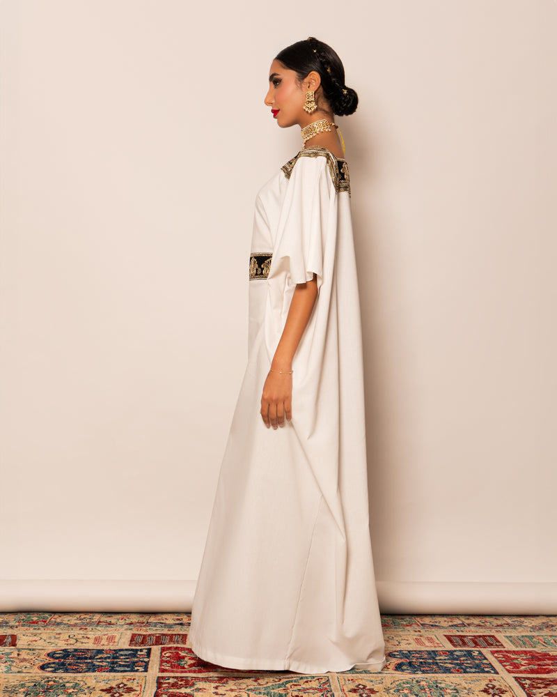 Boat neck linen kaftan with embellished trimmed neckline with inner belt