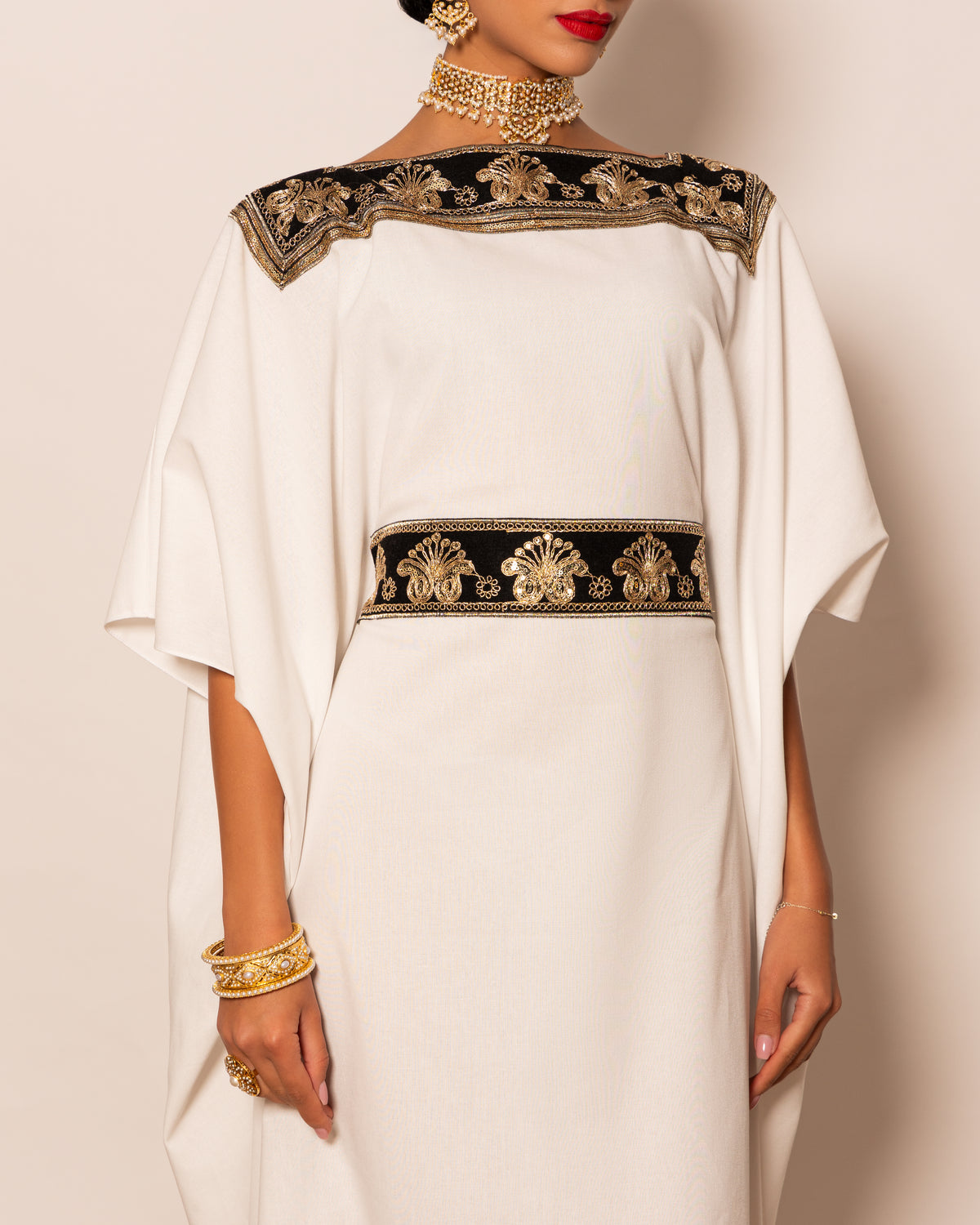 Boat neck linen kaftan with embellished trimmed neckline with inner belt