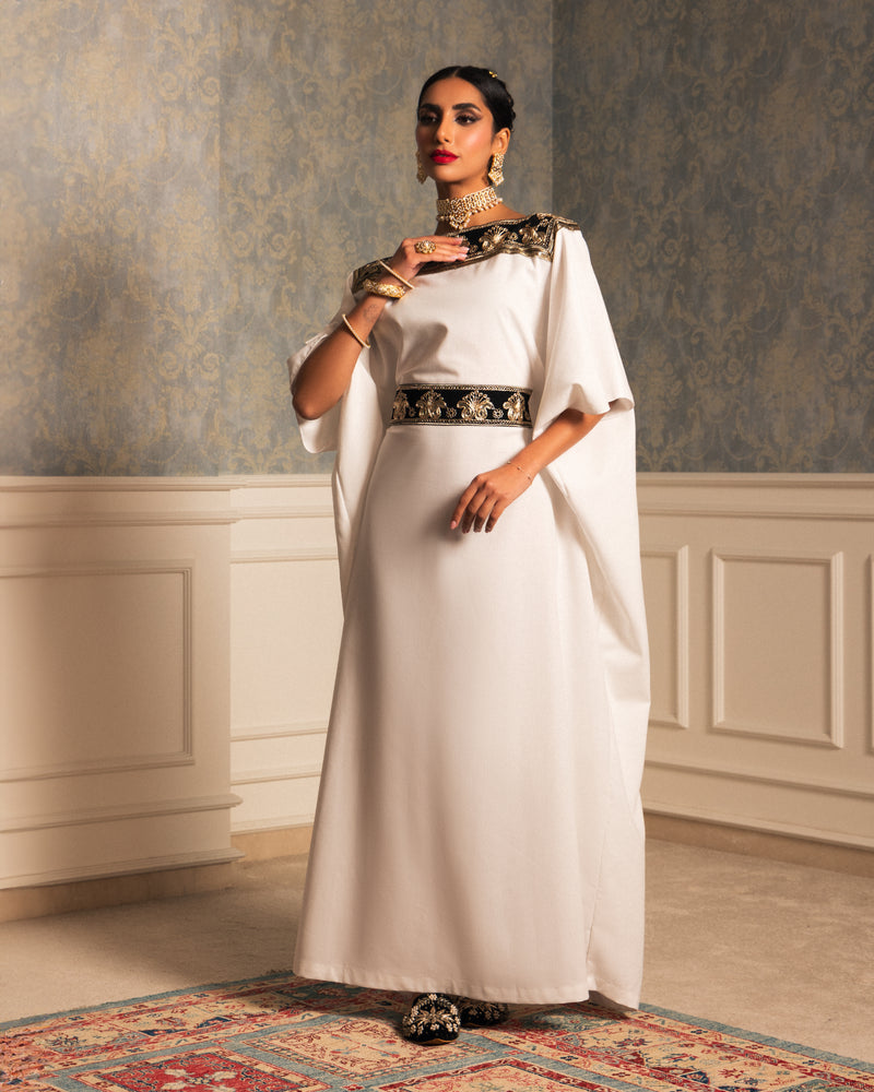 Boat neck linen kaftan with embellished trimmed neckline with inner belt