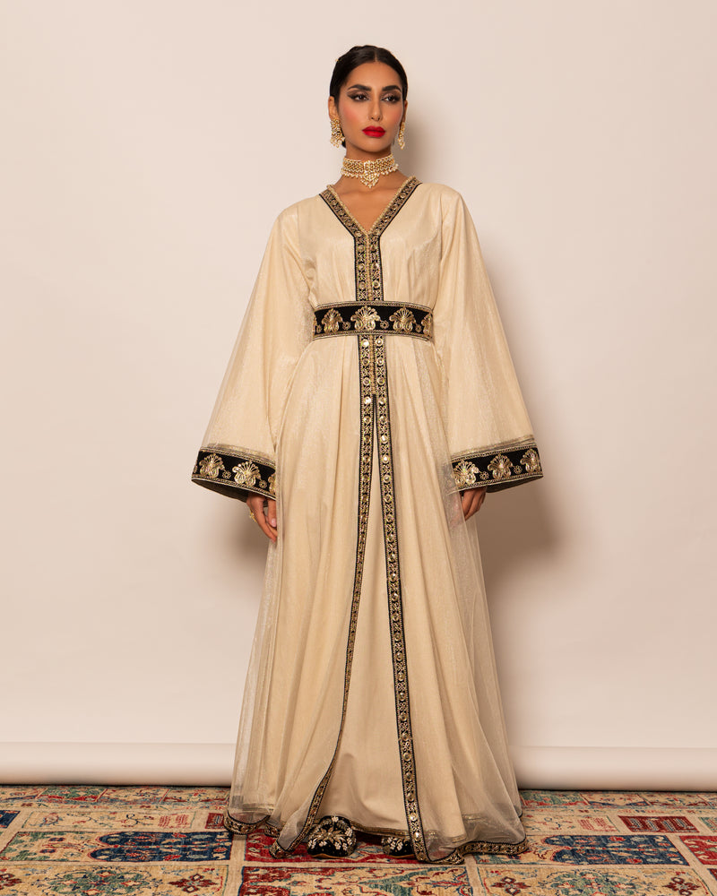 Two-layer Moroccan style kaftan with belt all over trimmed