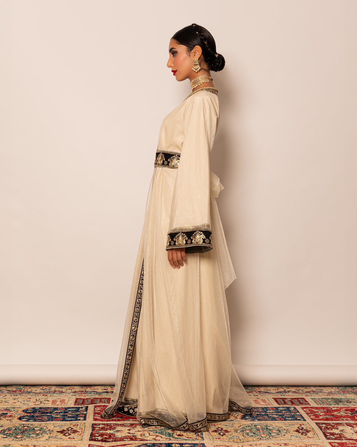 Two-layer Moroccan style kaftan with belt all over trimmed