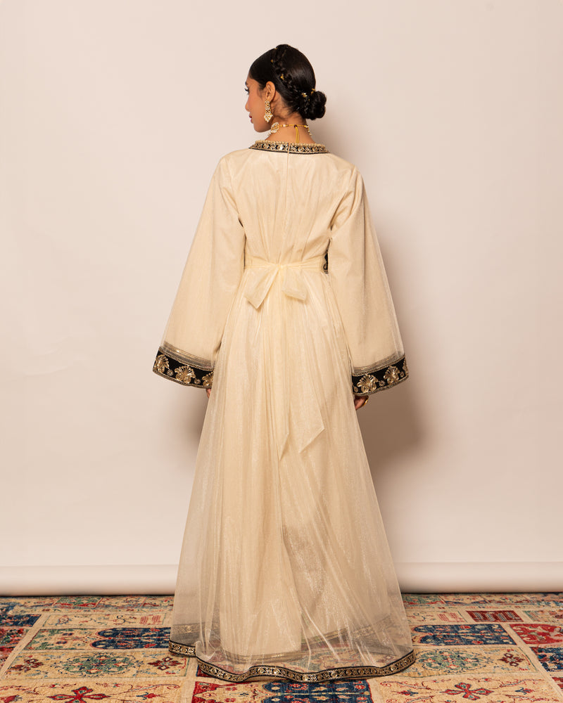 Two-layer Moroccan style kaftan with belt all over trimmed