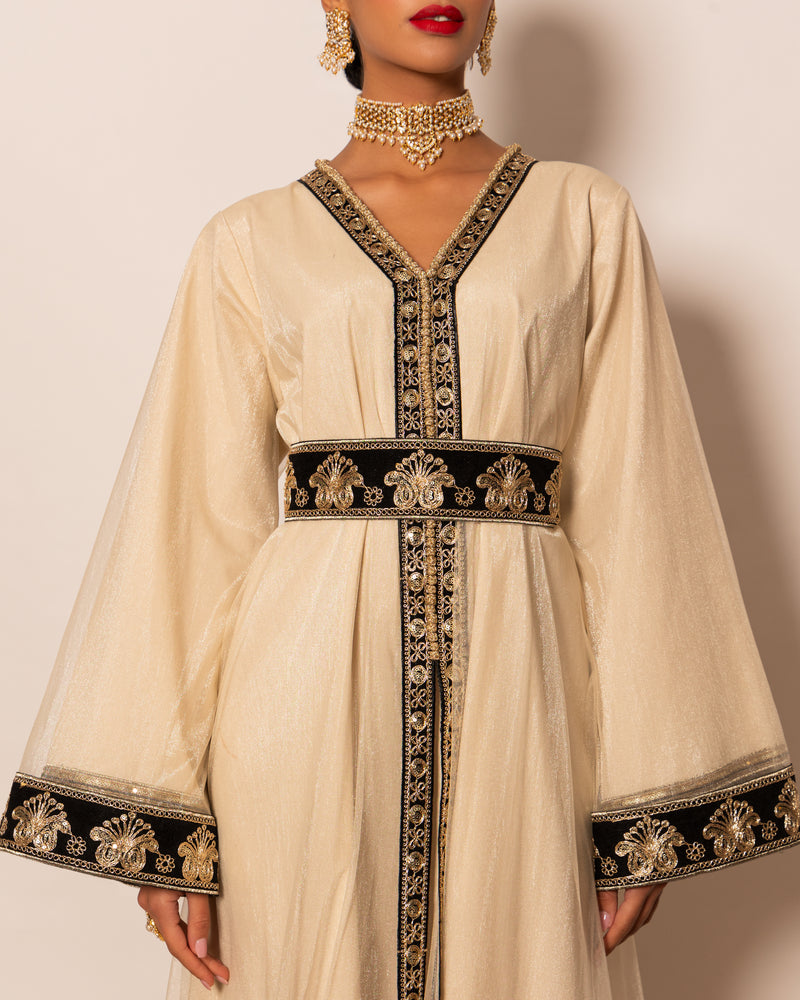 Two-layer Moroccan style kaftan with belt all over trimmed