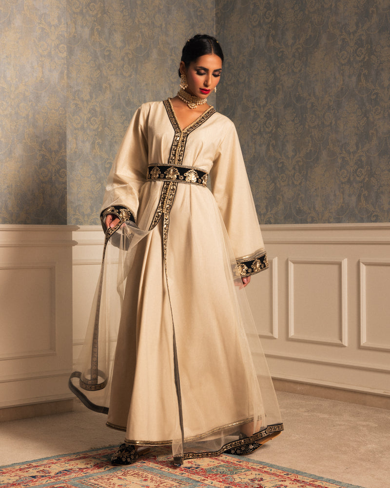 Two-layer Moroccan style kaftan with belt all over trimmed