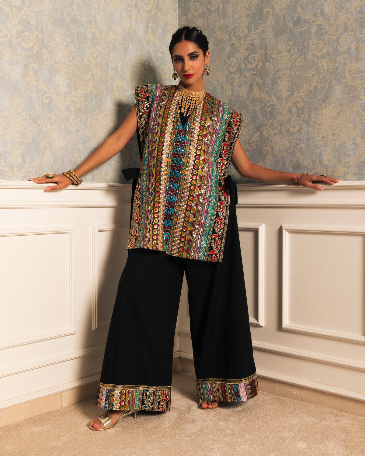 Fully embellished trimmed waistcoat with wide legged pants with embellished trim hemline