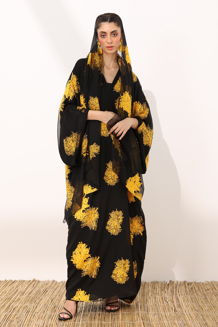 Mums flower printed wrinkled chiffon classic flowy abaya