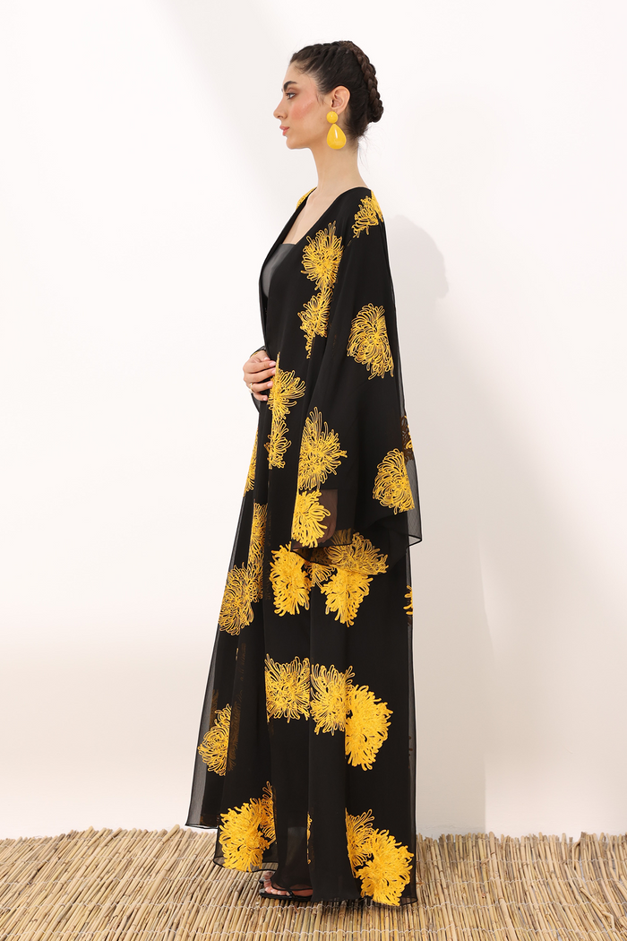 Mums flower printed wrinkled chiffon classic flowy abaya