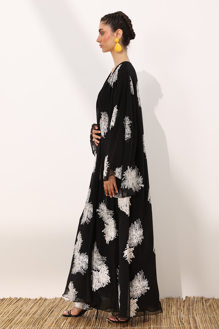 Mums flower printed wrinkled chiffon classic flowy abaya