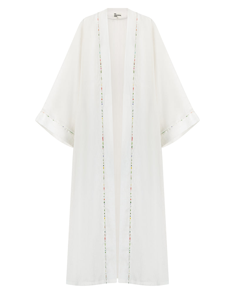 Classic white linen abaya with colorful piping