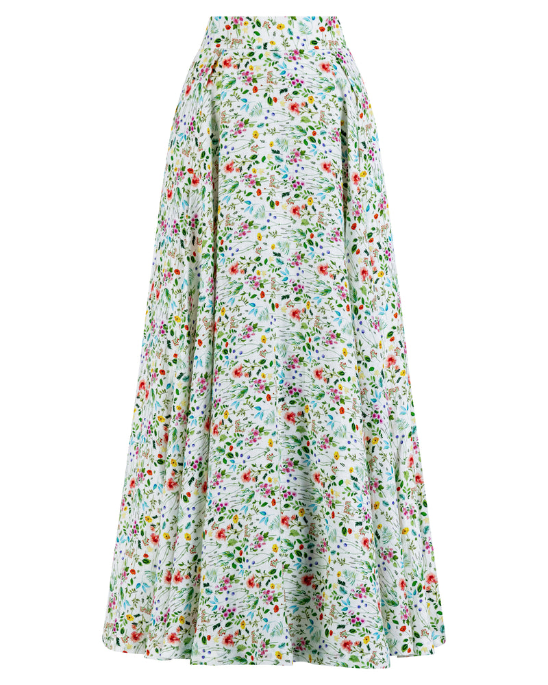 Floral linen high waist box pleated skirt