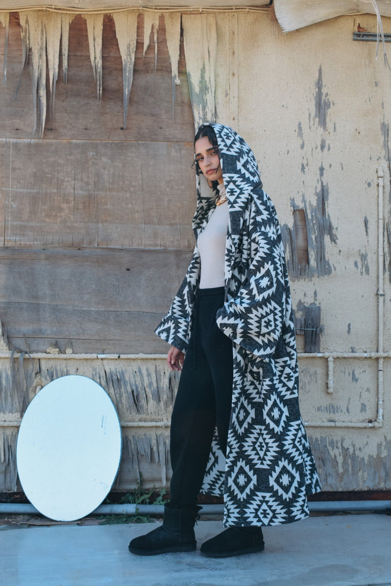 Tribal wool jacket with hoodie and belt