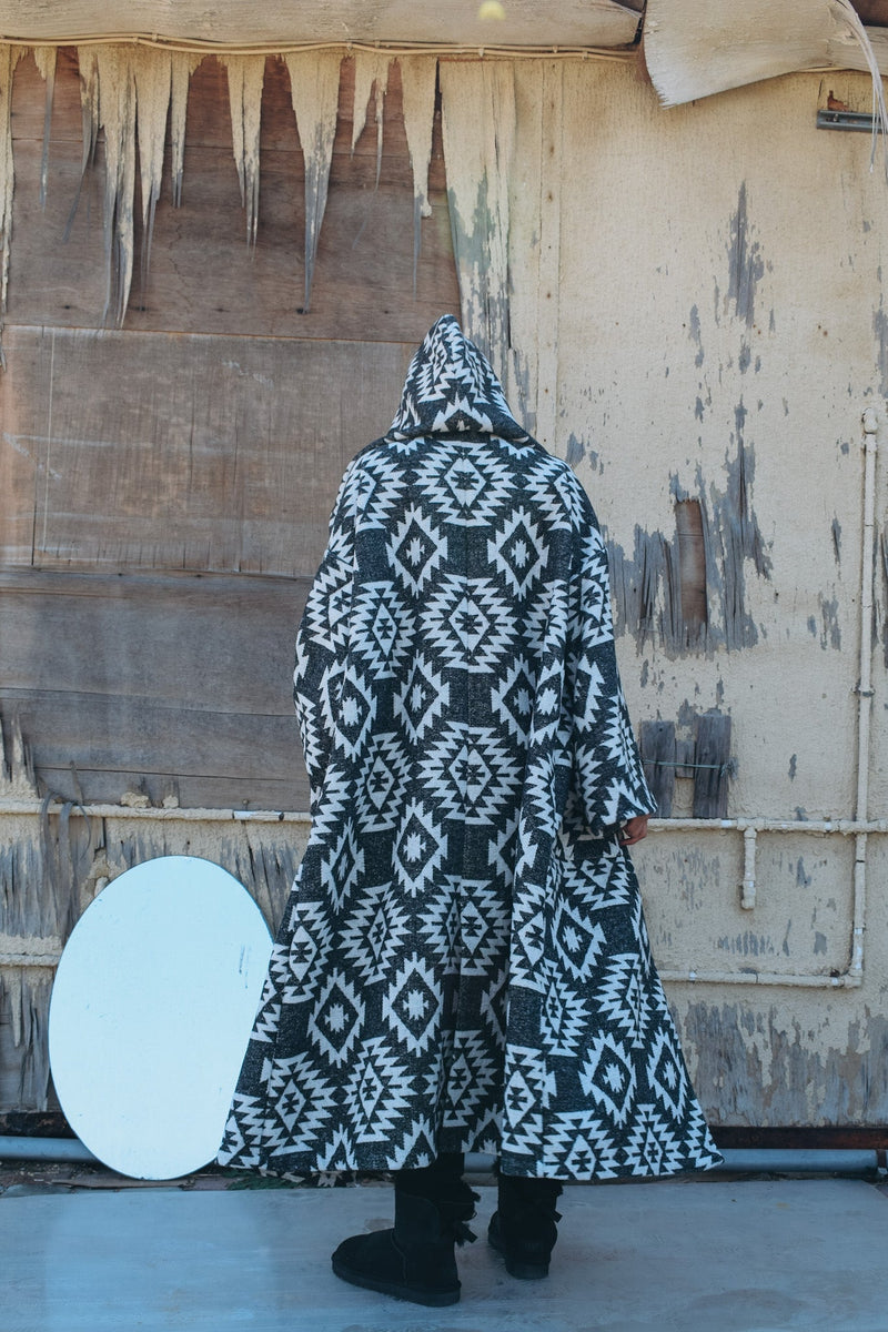 Tribal wool jacket with hoodie and belt