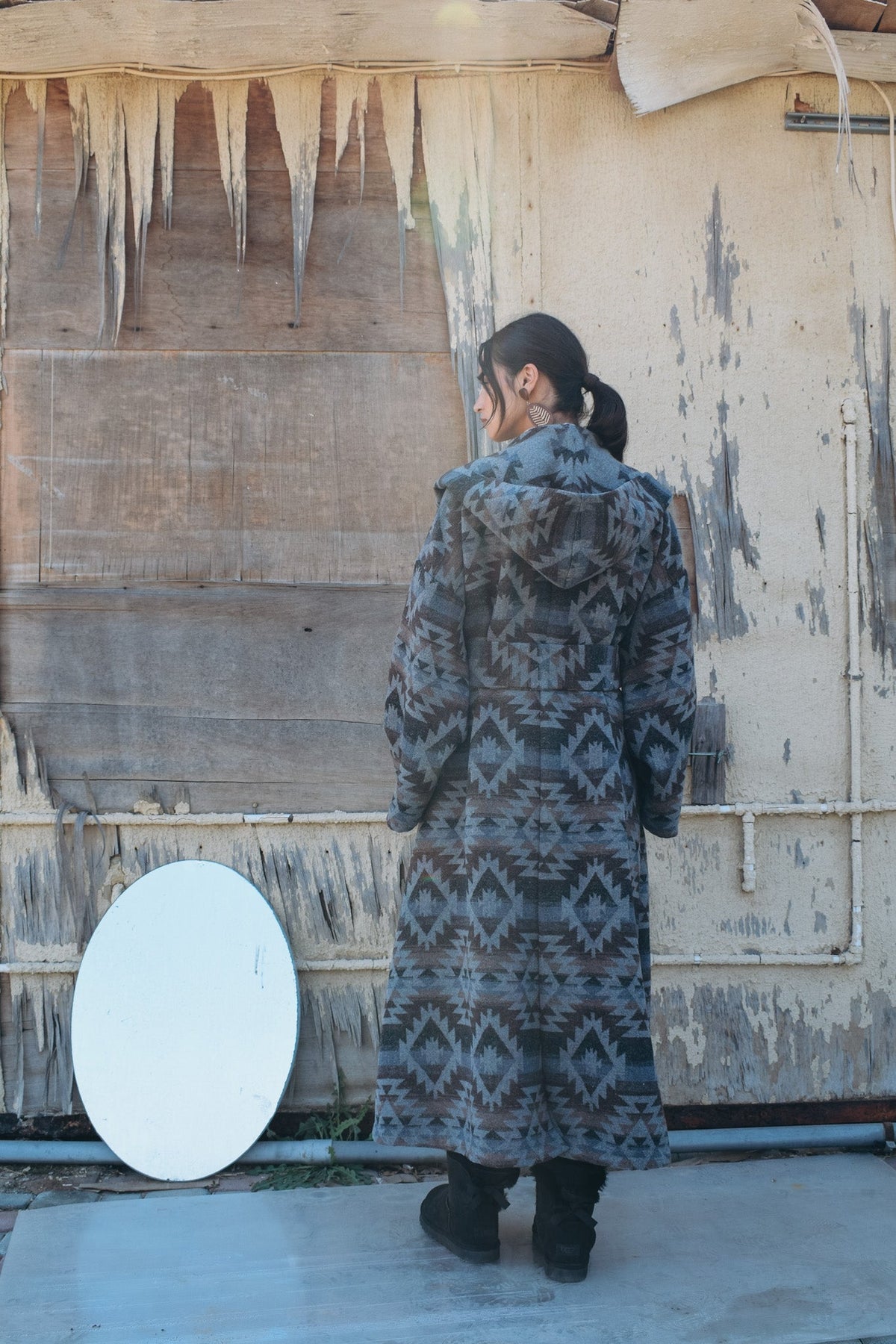 Tribal wool jacket with hoodie and belt