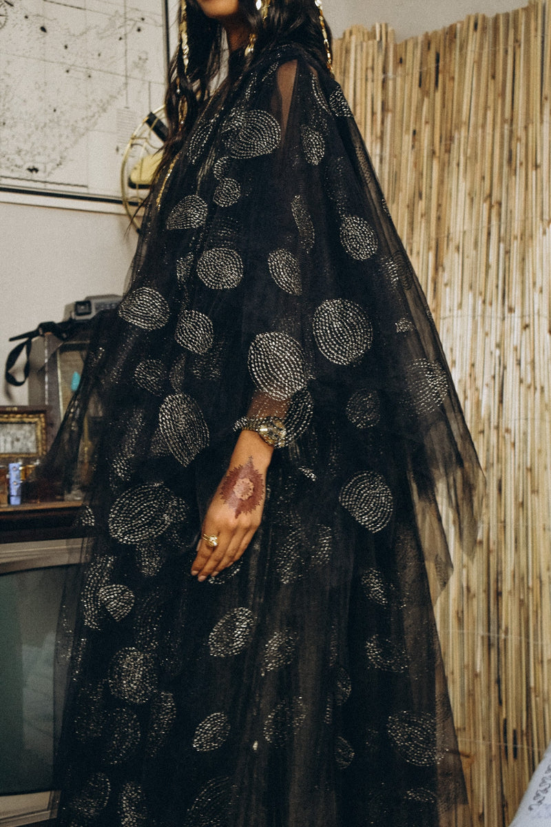 Layered tulle abaya with metallic circles