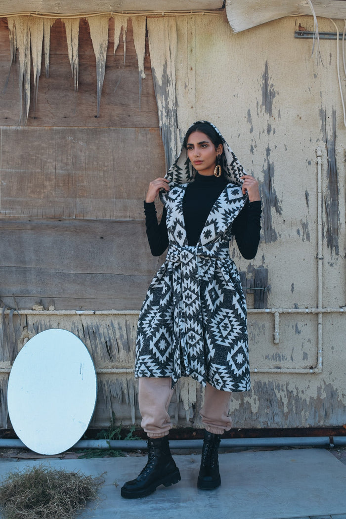 Tribal wool vest with hoodie and belt