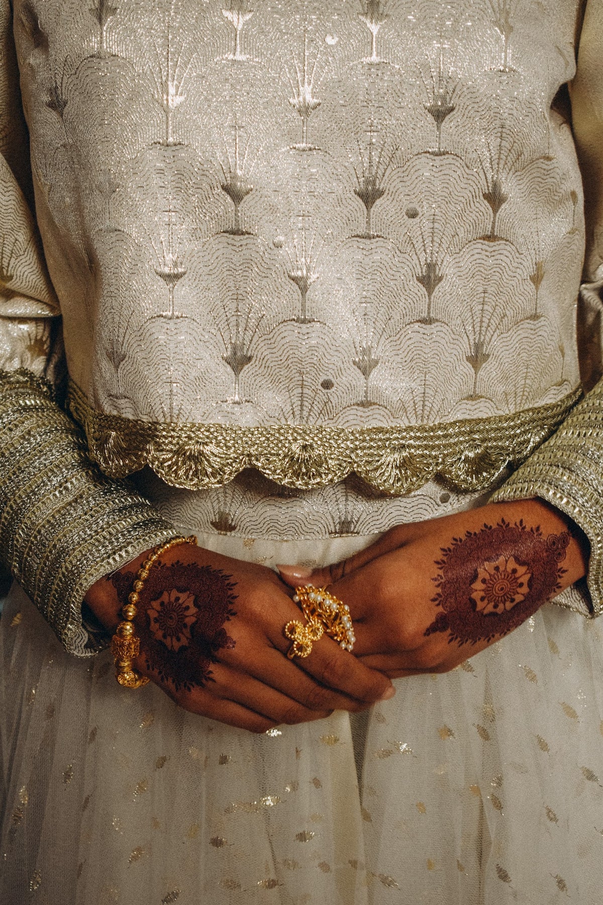 Metallic gold jacquard ensemble top with trimmings on cuff. Skirt is dotted cream tulle & lined with tafetta