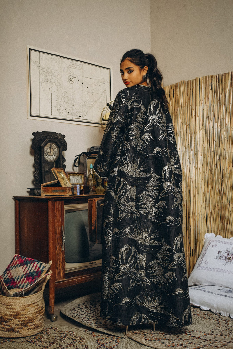 Classic cut abaya in printed metallic jacquard with trimings all over hems