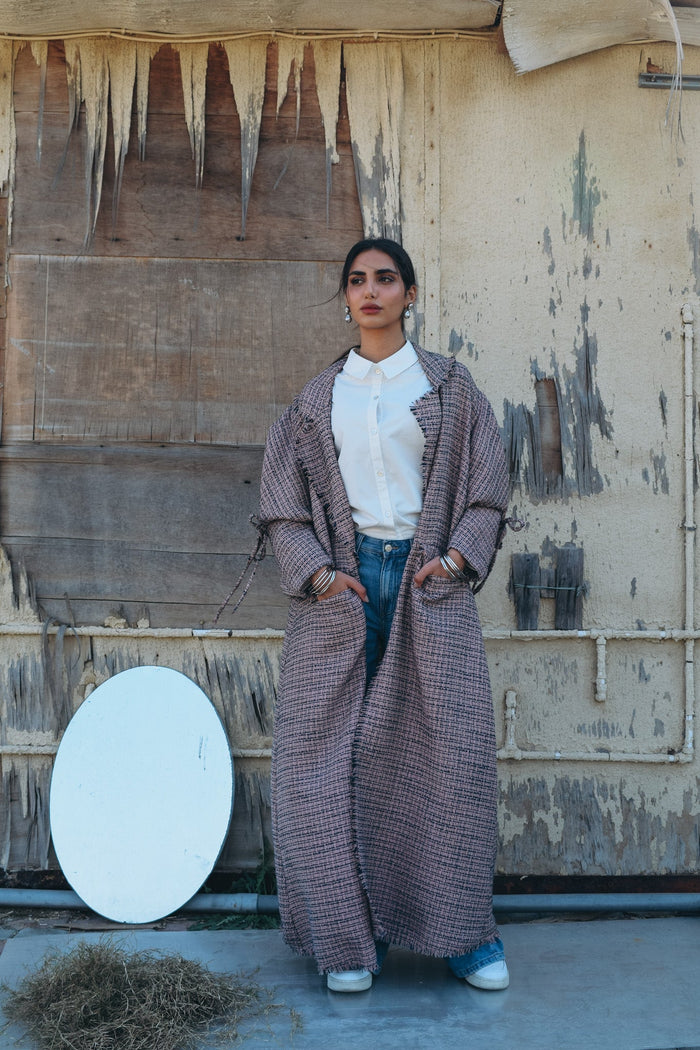 Hand weaved tweed abaya in two-tone with folded sleeve with mini bow and pockets