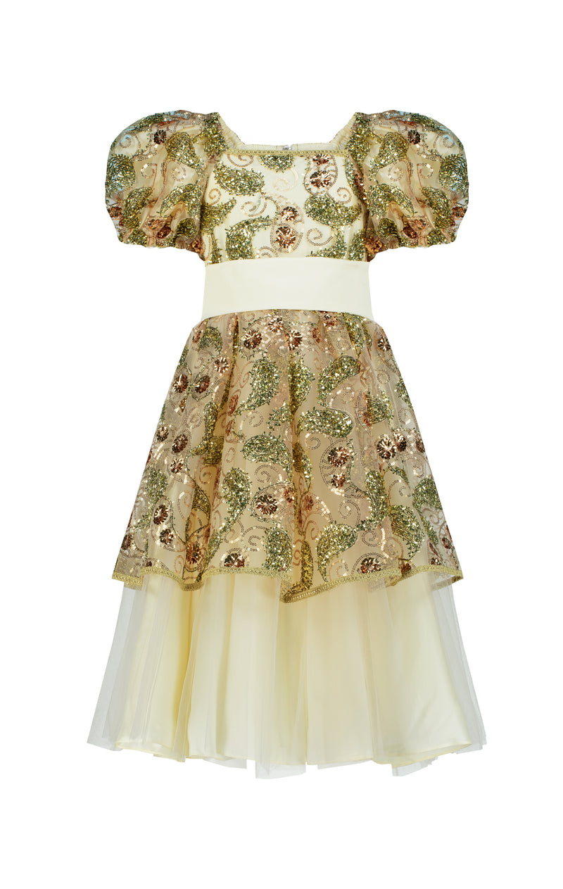 Puffed sleeve 3D embroidery dress with layered dress