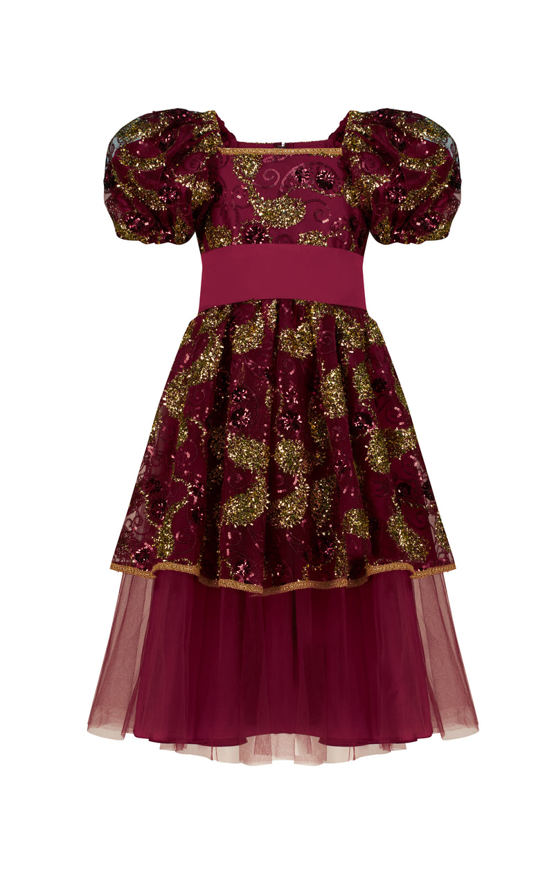 Puffed sleeve 3D embroidery dress with layered dress