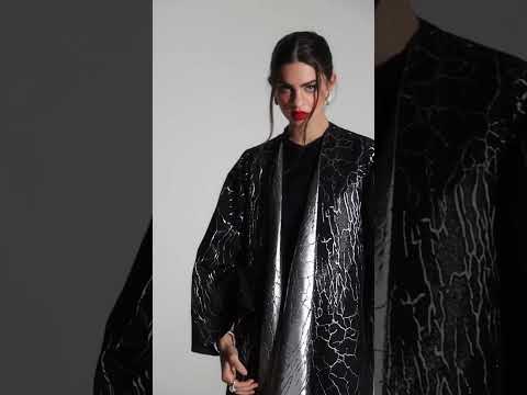 Soft jacquard with metallic silver branches with large, folded lapel classic abaya